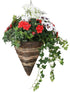 Artificial Red Azalea, White Pansy and Geranium Display in a 12" Cone Willow Hanging Basket